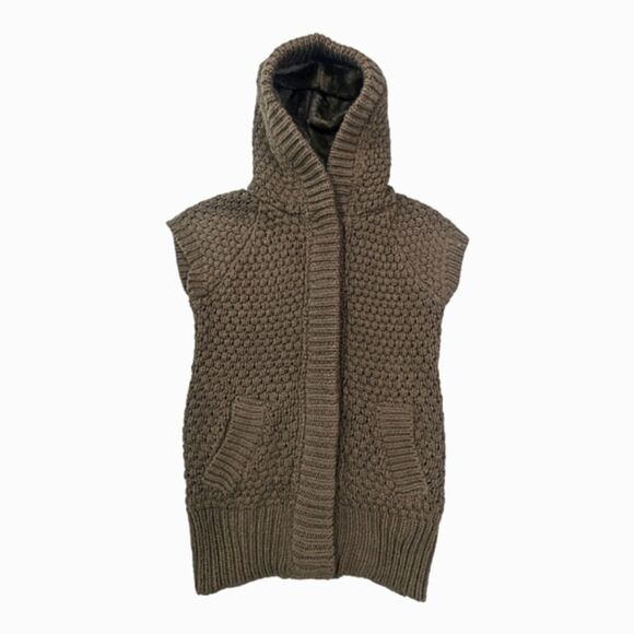 Zara Knitwear Woman Brown Hooded Sweater Vest Faux Fur Pockets Button Front S - Picture 1 of 9